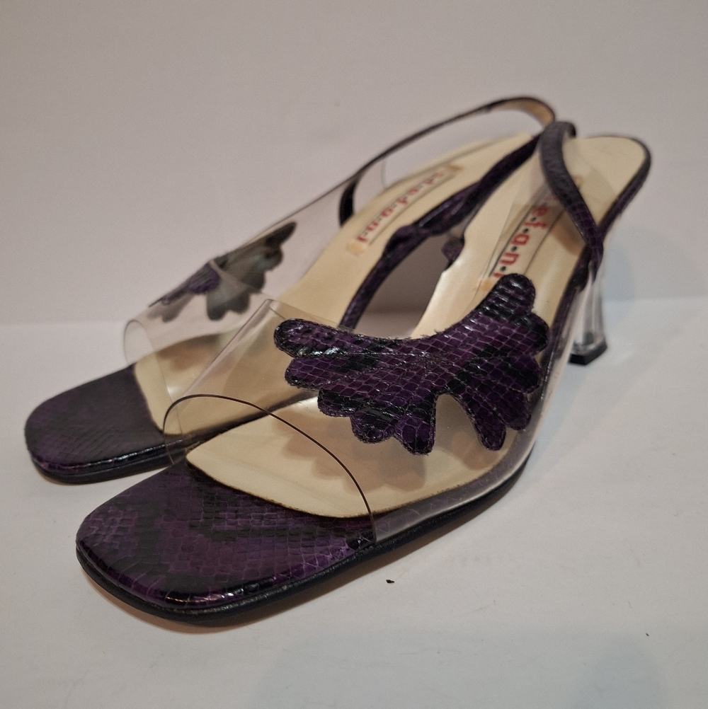 Vintage stefani open-toe purple snake print slingback heels 10 m